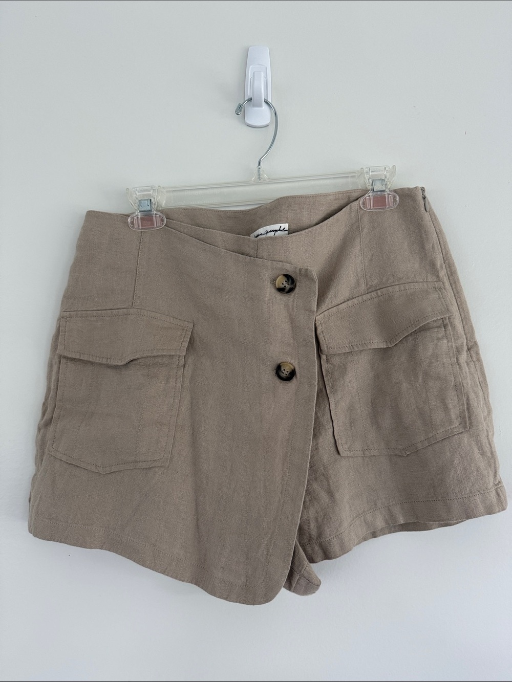 Free People Linen Asymmetrical Wrap Cargo Button-Front Shorts